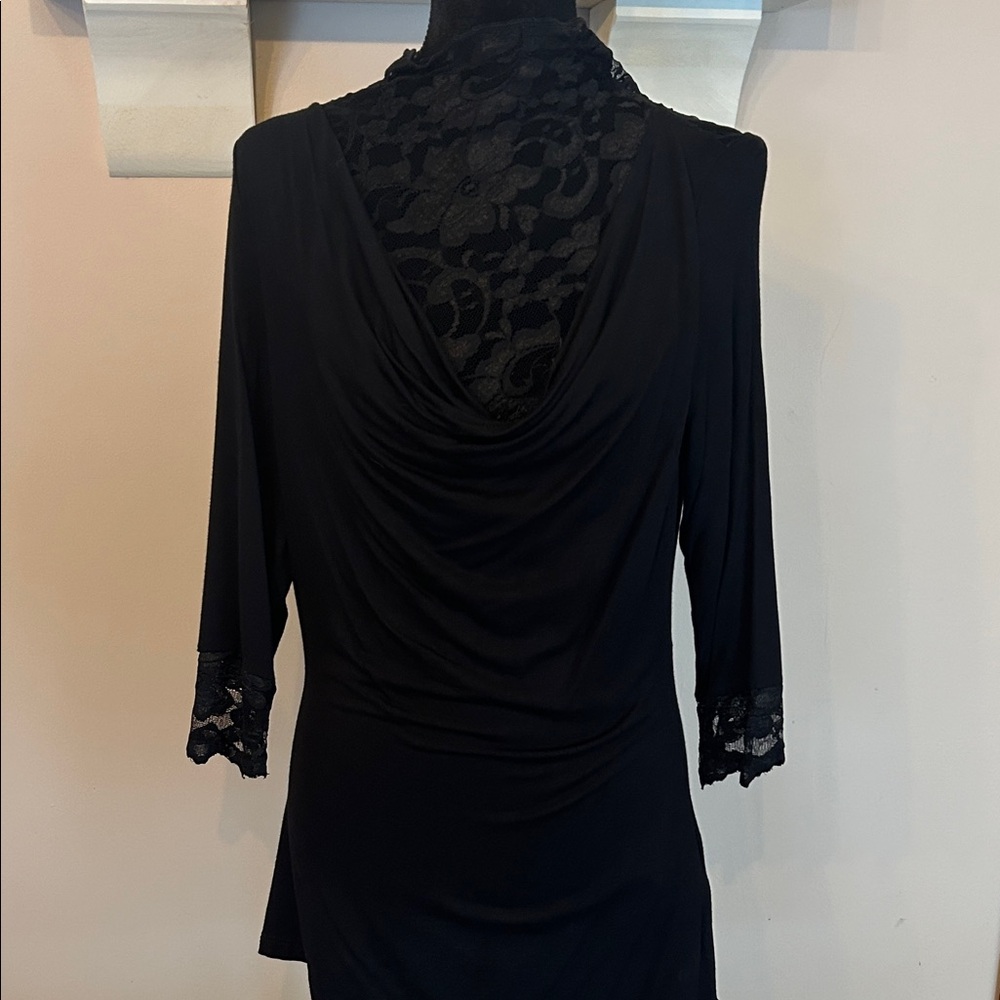 VENUS Black Draped Back Lace Trim Blouse